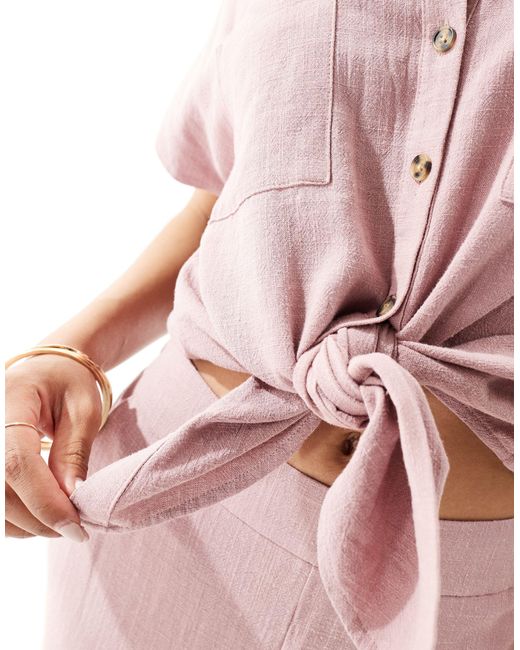 Pieces Pink Tie Front Linen Shirt Co-ord