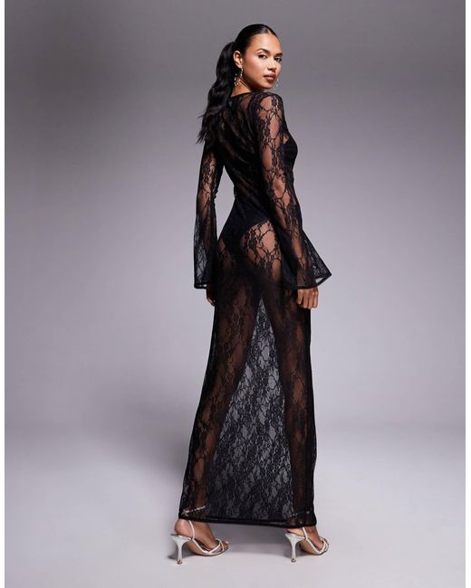 ASOS Women's Black Lace Long Sleeve Maxi Dress With Square Neck Line
