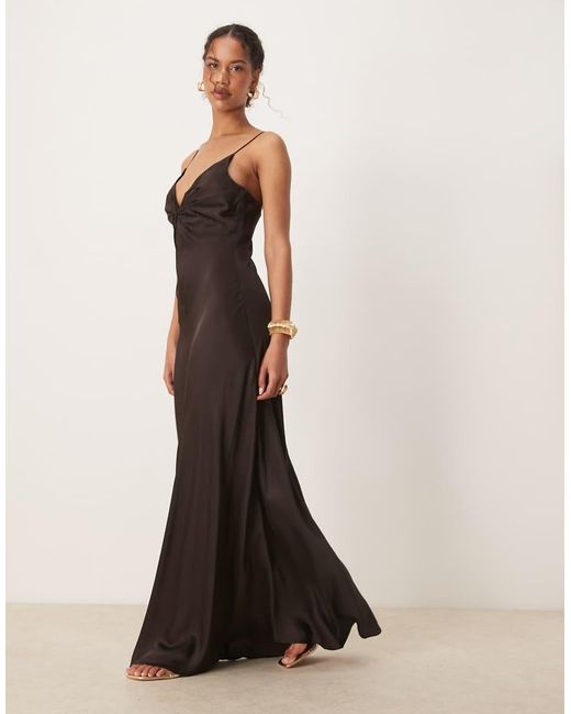 Mango Satin Cami A-Line Maxi Dress With Ruched Bust Detailing in Brown |  Lyst UK