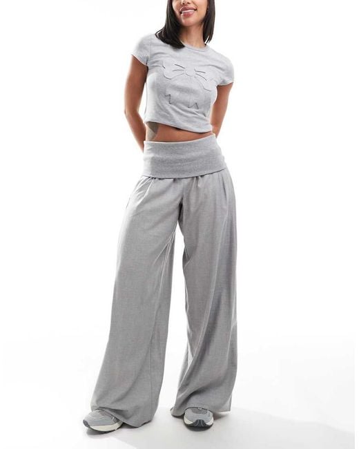Bershka Gray Fold Over Waist Wide Leg Trousers