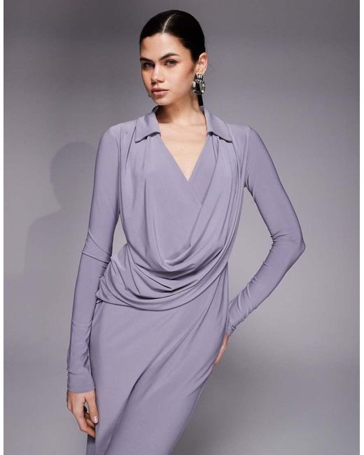 ASOS Purple Long Sleeve Shirt Draped Midi Dress