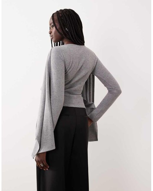 ASOS Gray Scarf Drape Detail Long Sleeve Top