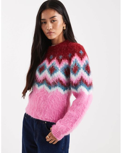 ASOS Pink Power Shoulder Fairisle Brushed Jumper