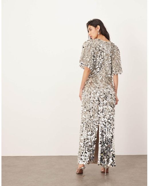 ARRANGE Natural Sequin And Fringe Strong Shoulder Midi Dress
