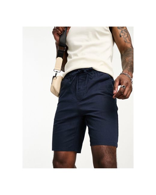 Only & Sons Blue Linen Mix Elasticated Waist Shorts for men