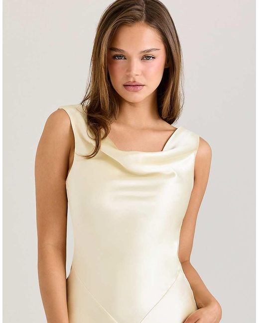 House Of Cb White Safaira Lemon Satin Draped Cowl Neck Maxi Dress