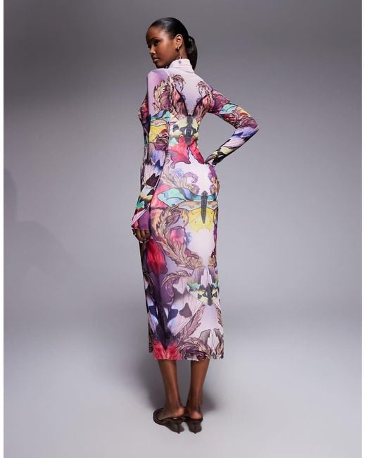 AFRM Purple Shailene Long Sleeve Turtleneck Mesh Midi Dress