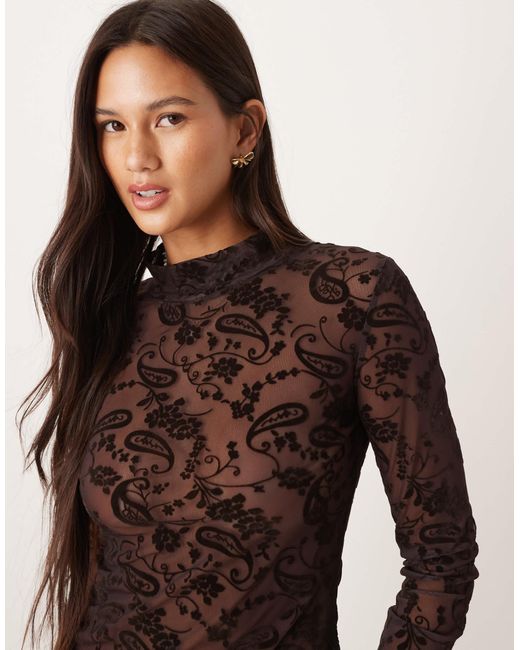 ASOS Brown High Neck Sheer Mesh Paisley Flocked Top