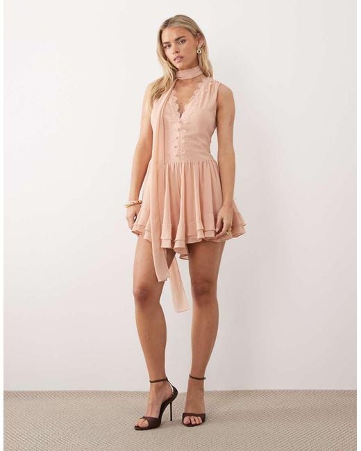 TFNC London Pink Low V-neck Chiffon And Lace Romper With Scarf