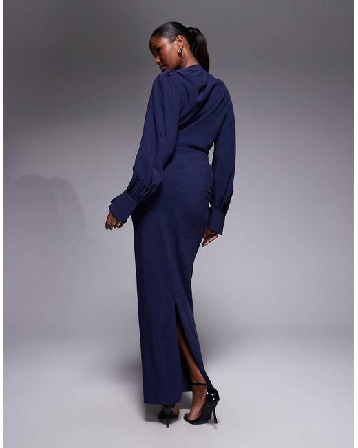 ASOS Blue High Neck Drape Maxi Dress With Drape Skirt