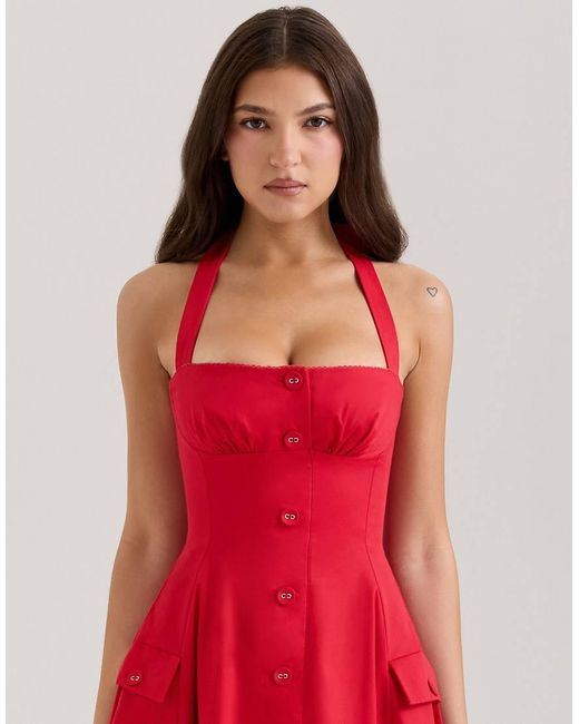 House Of Cb Red Claudia Stretch Cotton Button Halter Neck Midi Dress