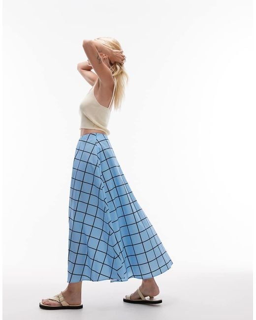 Falda Larga Azul De Corte Circular Con Estampado De Cuadrícula De TOPSHOP de color Blue