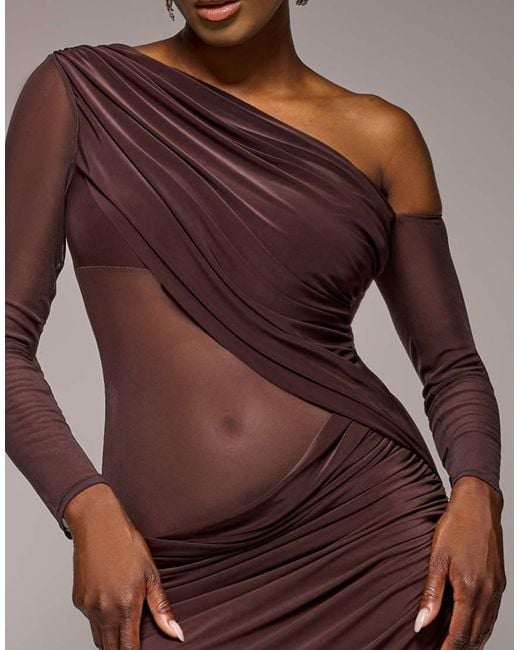 Goddiva Brown Gathered Cowl Asymmetric Mesh And Soft Touch Maxi Dress