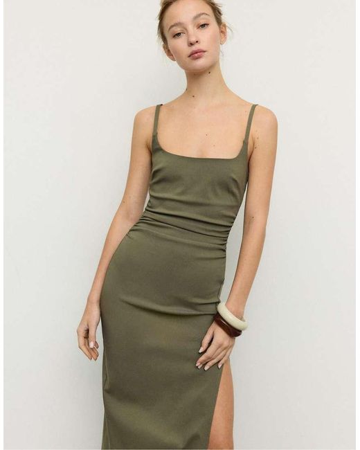 Stradivarius Green Bengaline Midi Dress With Square Neckline