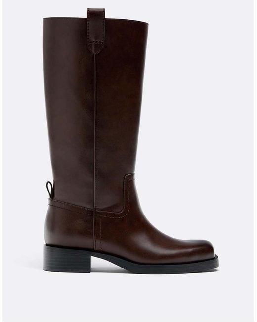 Stradivarius Brown Flat Leather Effect Boots