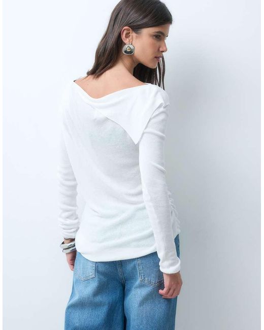 ASOS Natural Fine Knit Off The Shoulder Ruched Top