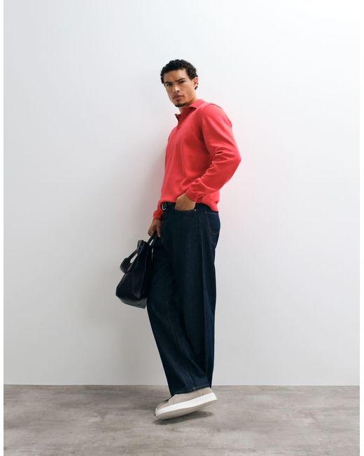 ASOS Red Relaxed Knitted Long Sleeve Polo for men