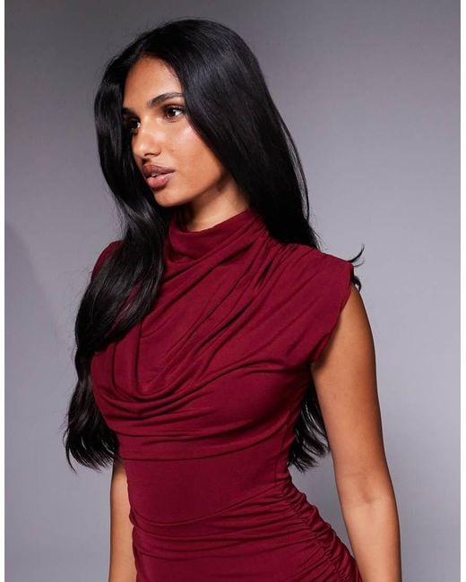 TFNC London Red High Neck Padded Shoulder Midi Dress