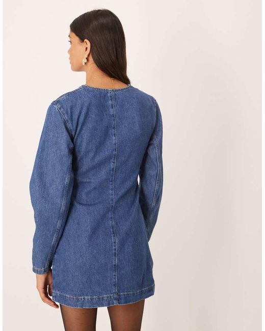 ASOS Blue Denim High V Neck Mini Dress With Cocoon Sleeve
