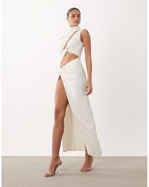 Noughts & Kisses White Textured High Neck Cut-out Thigh Slit Maxi Dress