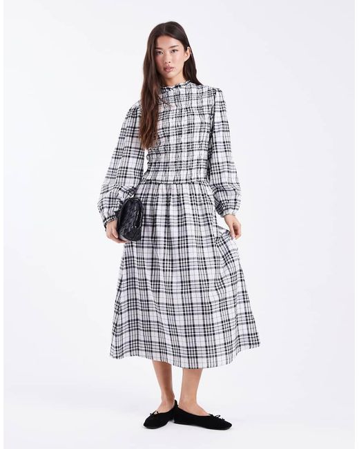 Wednesday's Girl Natural Check Print Shirred Detail Midaxi Smock Dress