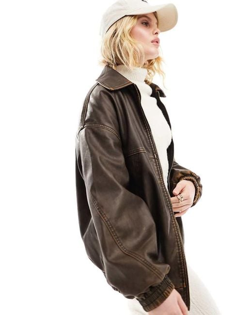 Bershka Brown Super Oversized Faux Leather Dad Jacket