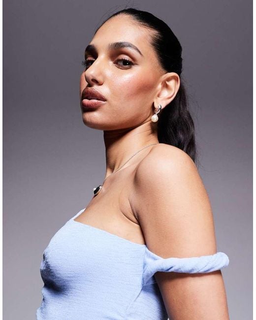 Princess Polly Blue Textured Twist Off Shoulder Top