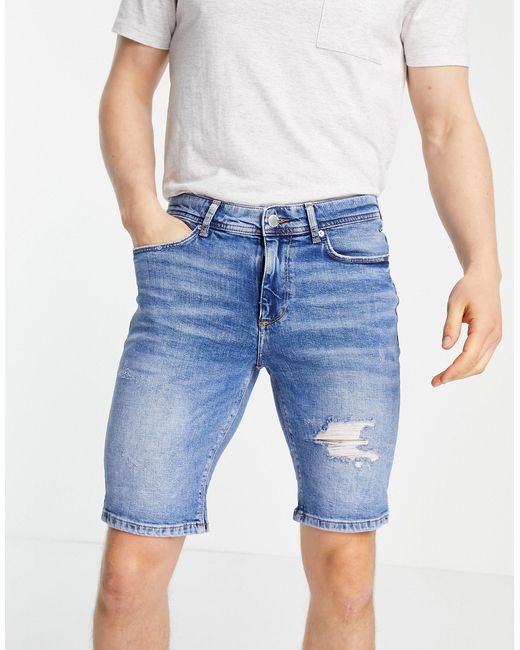 River Island Skinny Denim Shorts With Rips In Blue For Men Lyst