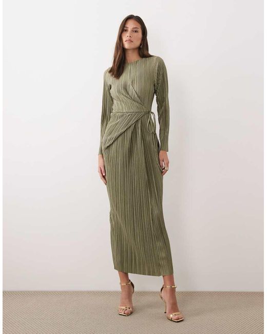 ASOS Green Plisse Long Sleeve Wrap Tie Waist Maxi Dress