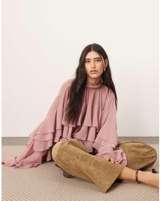 ARRANGE Natural Chiffon High Neck Ultimate Ruffle Blouse