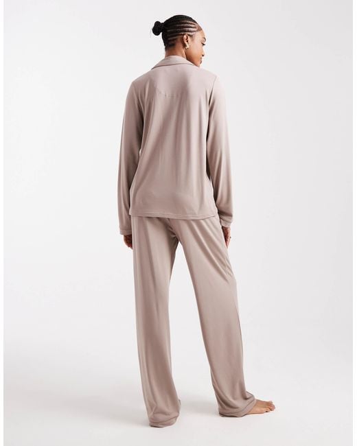 Loungeable Tall Natural Super Soft Jersey Revere Top And Wide Leg Pyjama Pants Set With Piping Detail