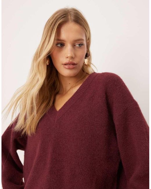 Abercrombie & Fitch Red Knitted V Neck Oversized Jumper