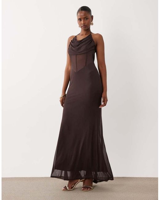 ASOS Brown Mesh Maxi Dress With Corset And Cowl Detail