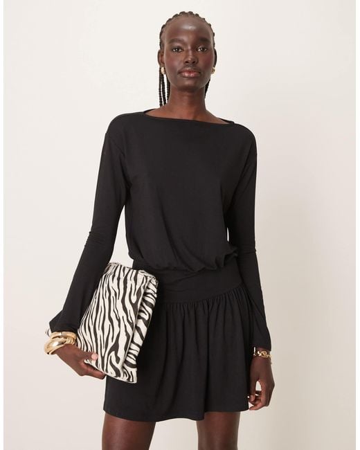 ASOS Black Cinched Drop Waist Slash Neck Mini Dress