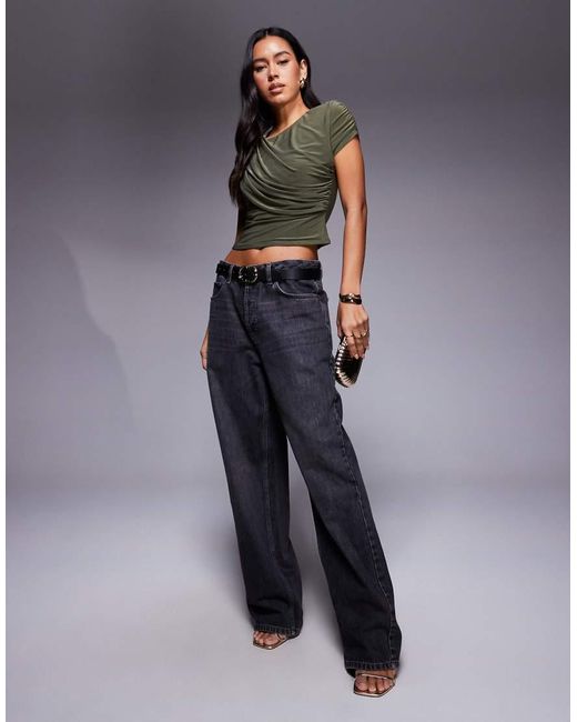 ASOS Gray Slinky Short Sleeve Drape Front Top