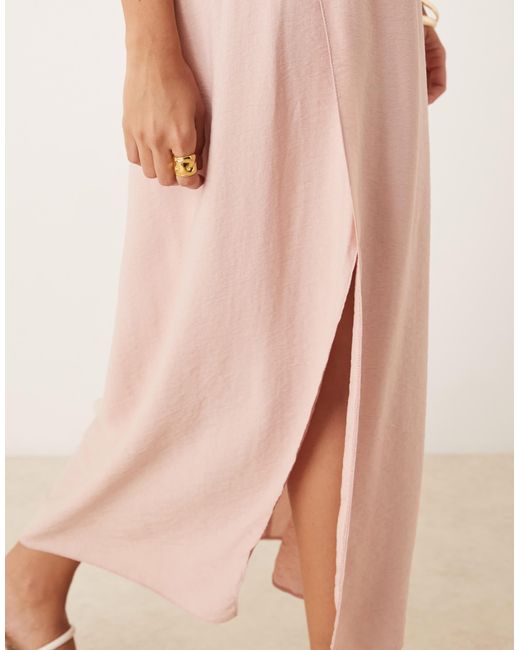 ASOS Pink Textured Bodice Scoop Neck Midi Dress With Drape