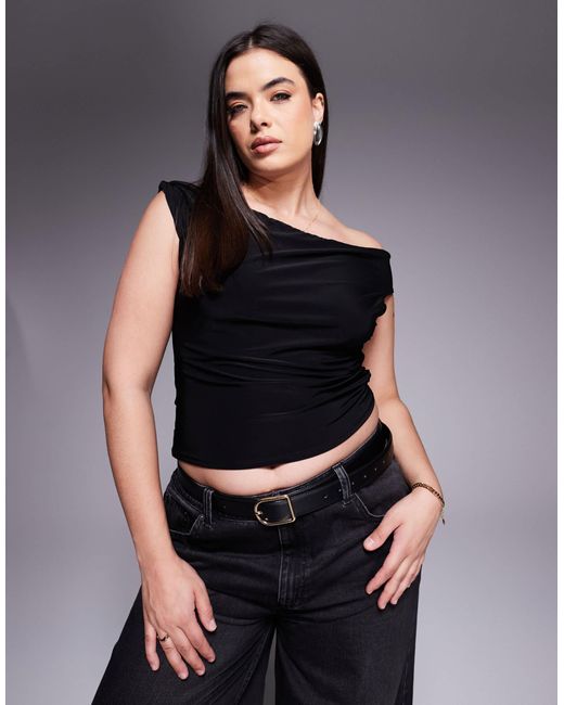 ASOS Black Asos Design Curve Slinky Twisted Off Shoulder Asymmetric Top