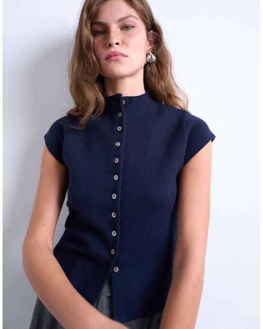 TOPSHOP Blue Knitted Compact Cap Sleeve Waistcoat