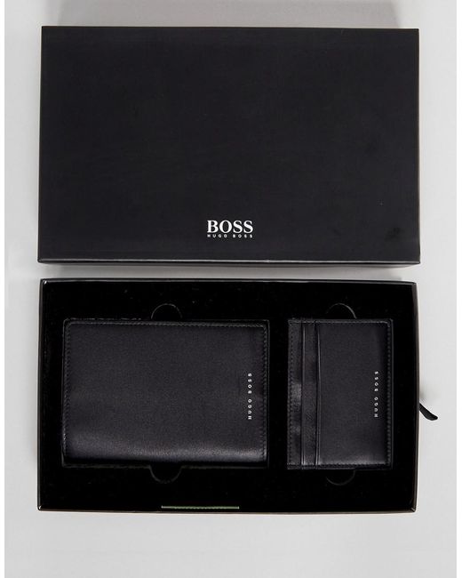 BOSS Boss Leather Passport Holder & Card Holder Gift Set In Black for men