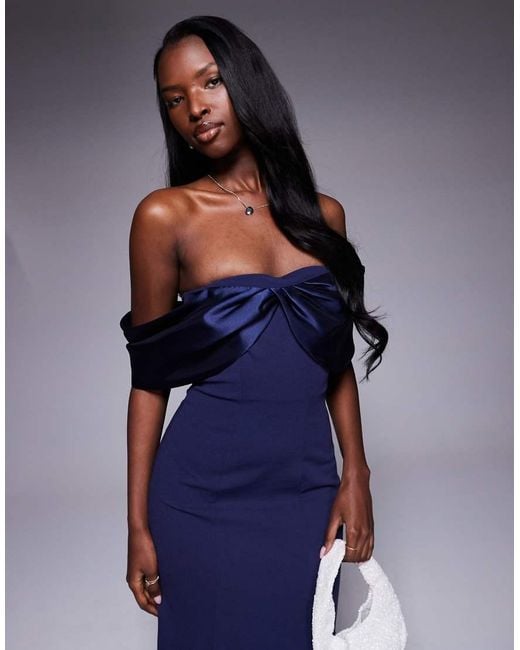 Goddiva Blue Twist Knot Satin & Scuba Bardot High Low Midi Dress