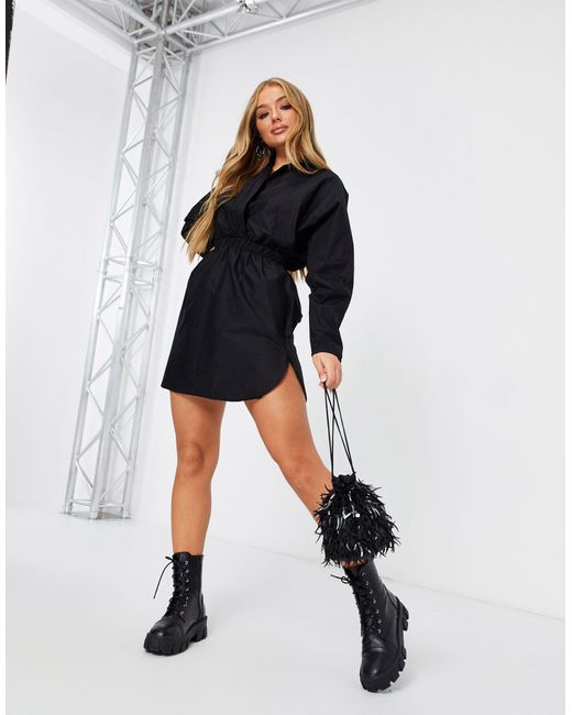 Flounce London Black Plunge Shirt Dress With Ruched Detail