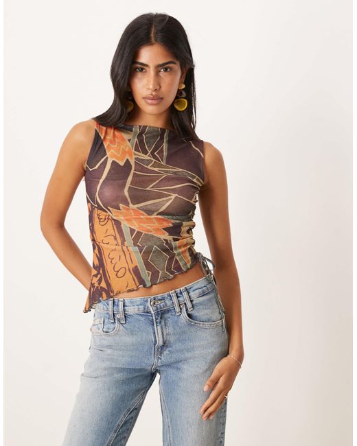 ASOS Blue Gauzy Mesh Drawstring Festival Top With Batik Print