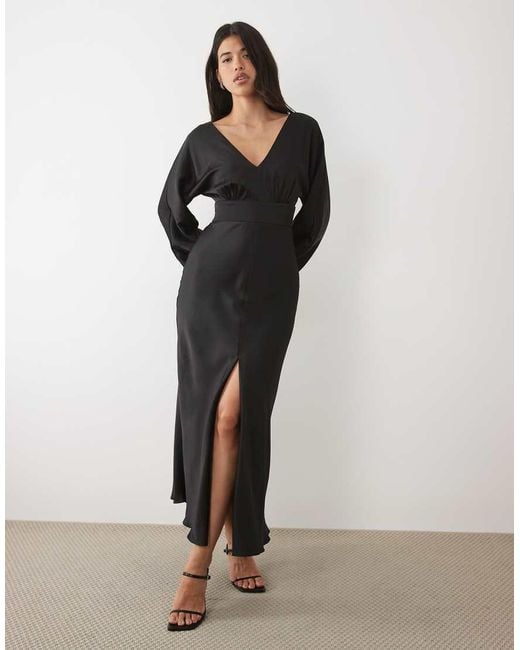 Forever New Black Satin V Neck Batwing Slit Front Maxi Dress