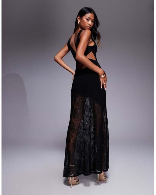 ASOS Black Lace Mix Slinked Plunge Neck Maxi Dress With Cross Back