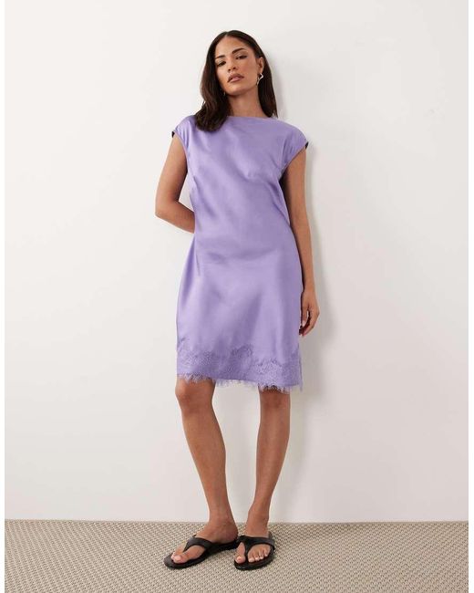 ASOS Purple Asos Design Petite Slash Neck Satin Mini Dress With Lace Hem