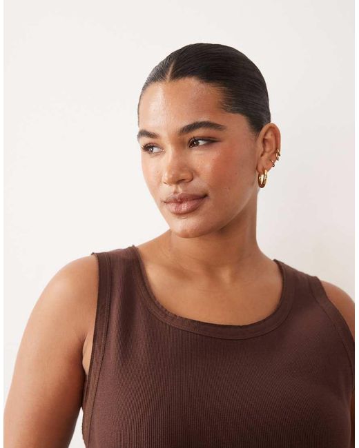 ARRANGE Brown Curve Ribbed Tank Top With Raw Cotton Trim Chocolate