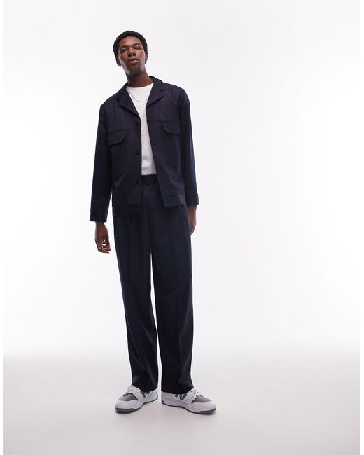 Topman Blue Smart Harrington Wool Mix Suit Jacket for men