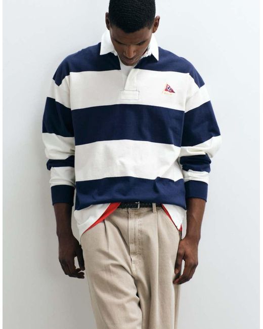 Polo Ralph Lauren Blue Flag Logo Block Stripe Oversize Fit Rugby Polo for men