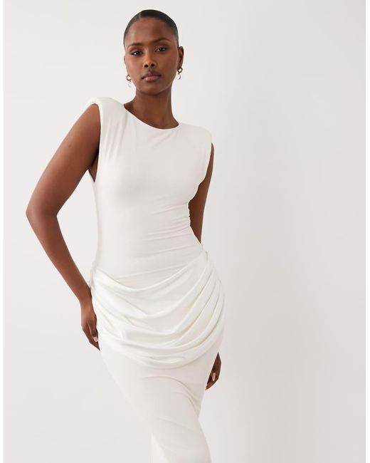 Wanderdoll White Eman Sleeveless Slash Neck Draped Waist Detail Bodycon Satin Maxi Dress