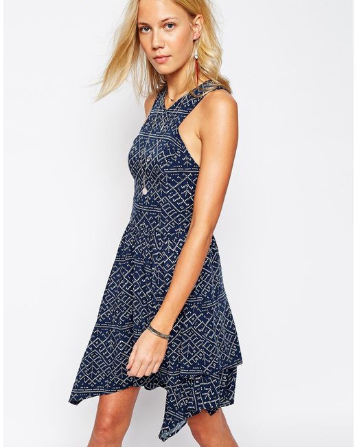 Abercrombie & Fitch Blue Wrap Skirt High Neck Strappy Dress Printed Skater